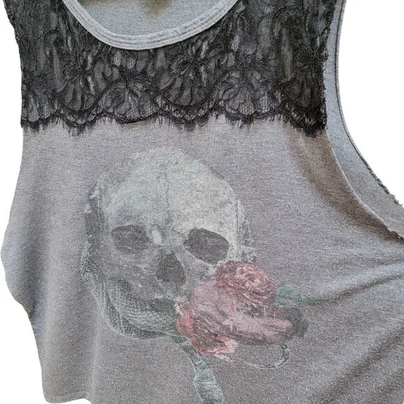 Haute Hippie Gray Lace Skull Graphic Sleeveless Tank Top Made In USA 100% Modal - Picture 2 of 6
